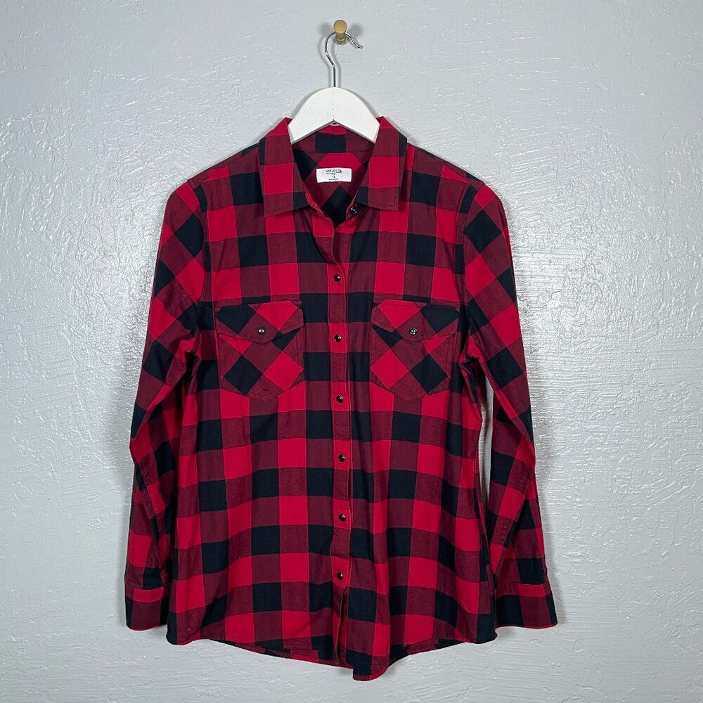 Untuckit Women 10 Red Black Buffalo Check Shirt Snap Front Long Sleeve Flannel